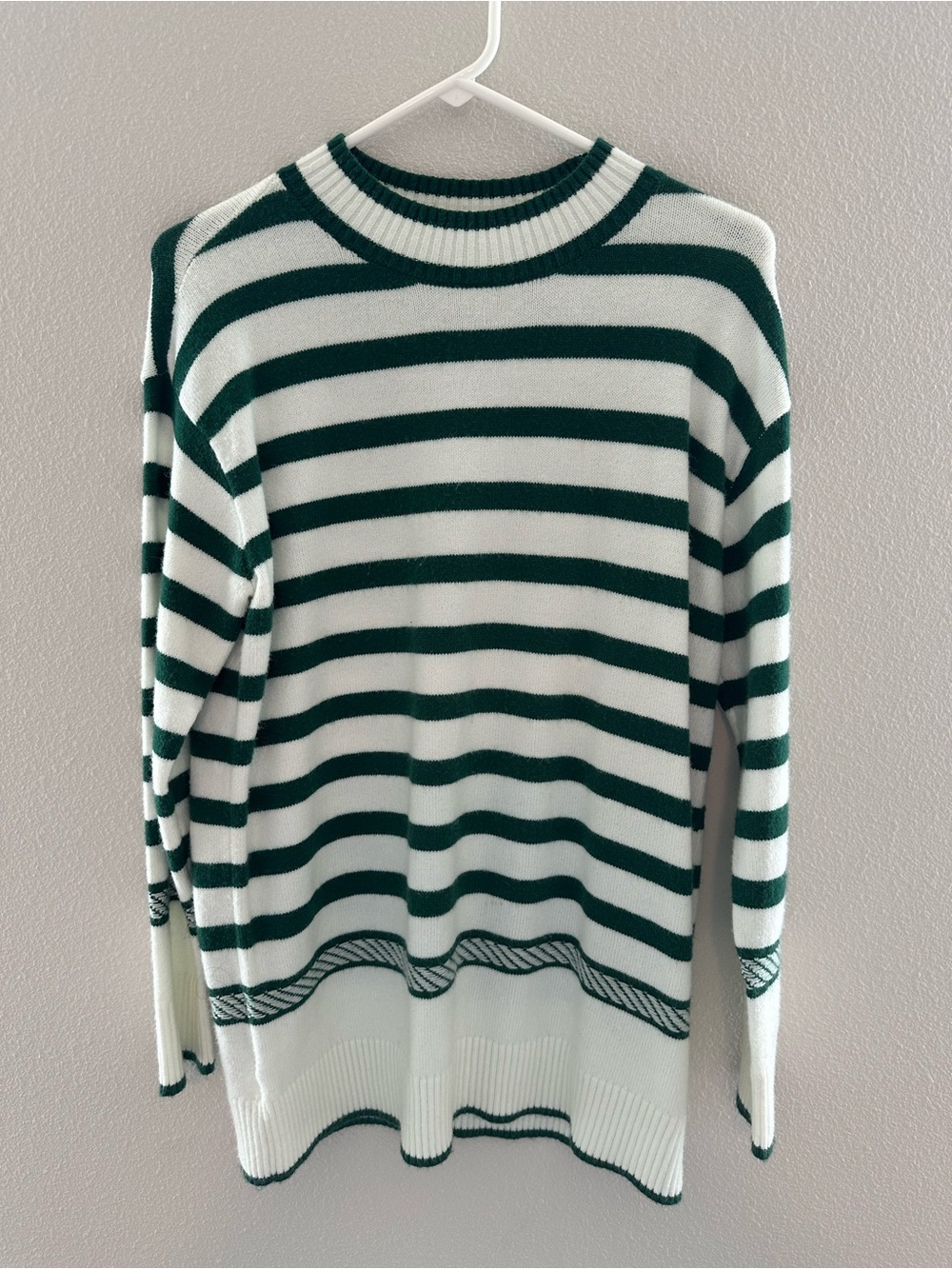 Ann Taylor Green and White Striped Crewneck Sweater